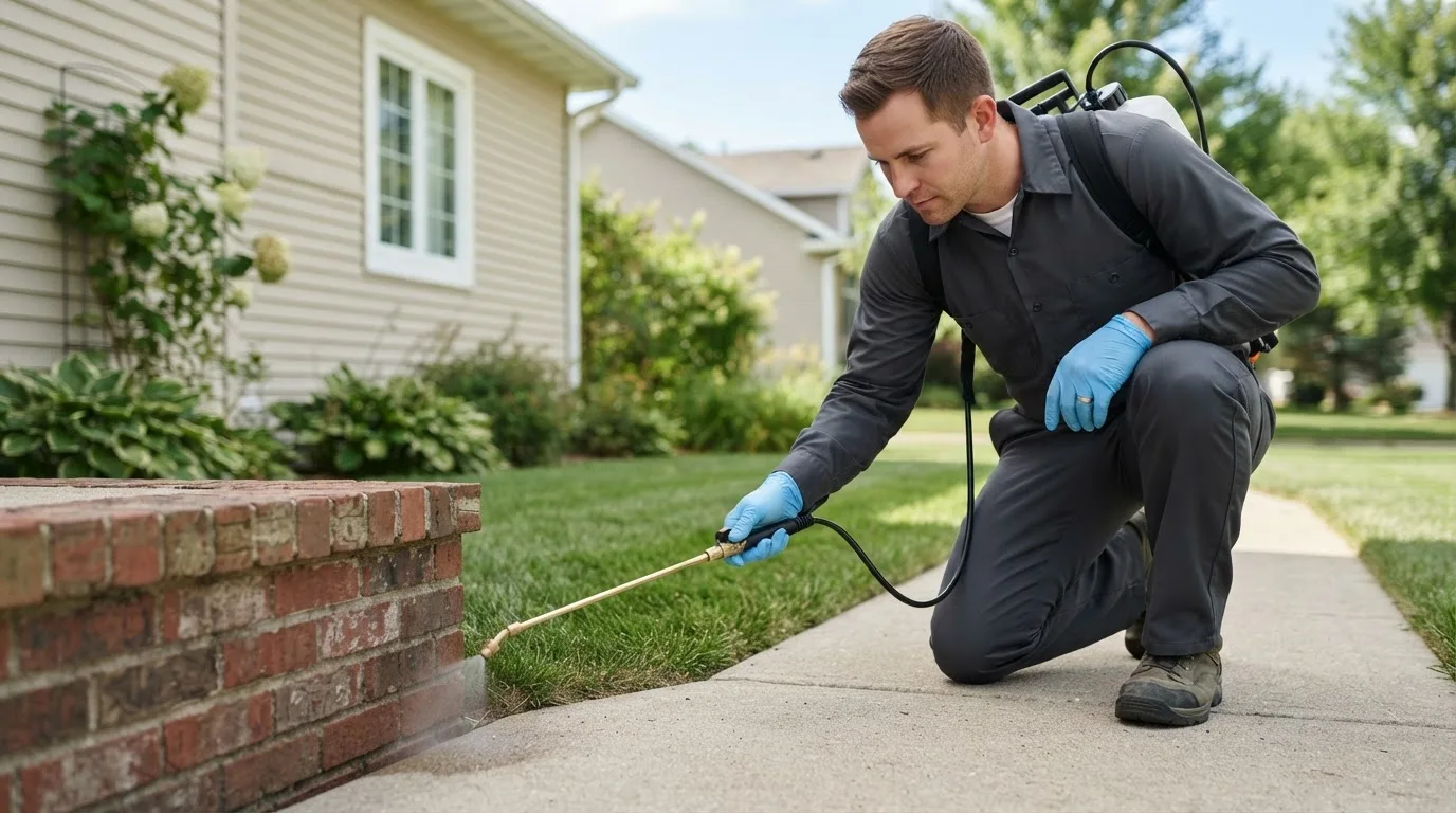 Pest control technician treating a home near Stowe, VT